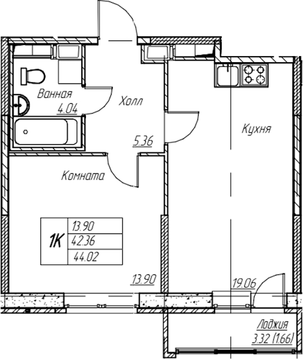 1-комнатная квартира 44.02 м², 4/22 эт., ЖК «Парк-квартал Юнтолово»